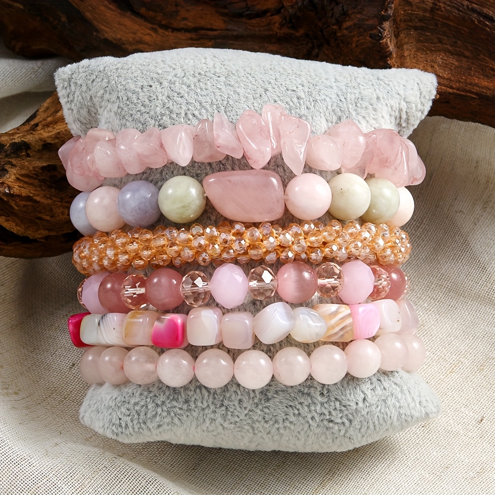 Multicolor Beaded Stackable Bracelet Set Boho Style Elastic 6pcs