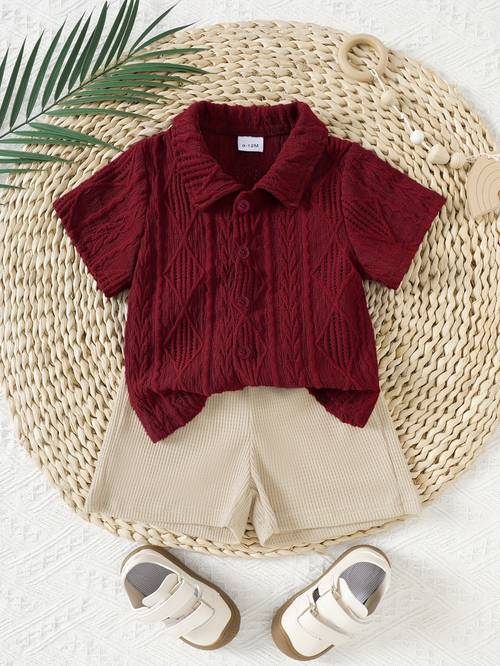 newborn baby boy summer solid color jacquard short sleeve shirt shorts 2pcs set outdoor