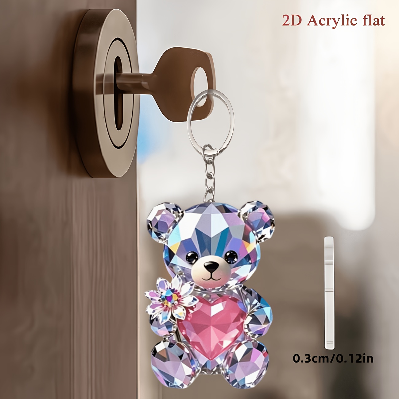 TEMU 2d Flat 1pc Pink Heart-shaped Bear Keychain, Multi-functional Acrylic Keychain, Suitable For Car Keychains And Backpack Decoration, Valentine's