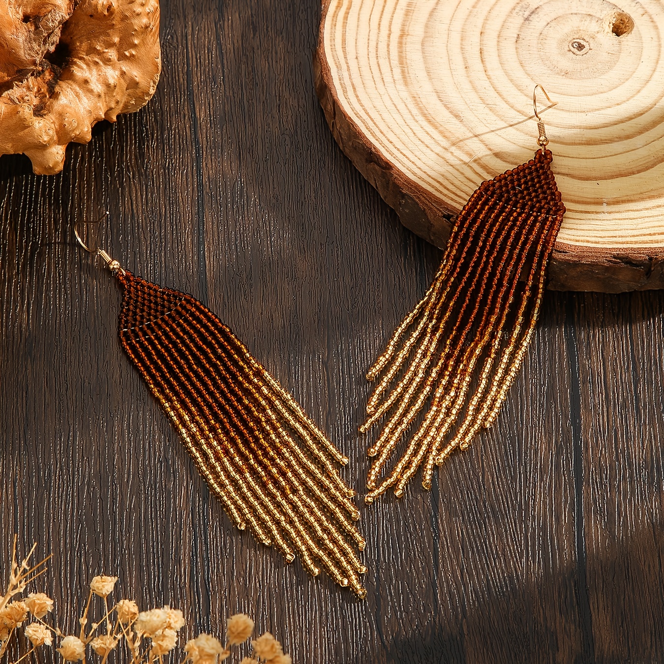 Women's Bohemian Retro Style Tassel Earrings with Brown Gradient Glass Beads