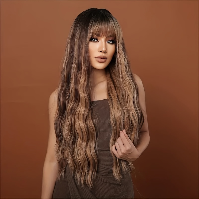 

Smilco 30 Inch Coffee Color Highlight Dyed Women's Bangs Curly Wig, Daily Party Use Synthetic Heat-resistant Fiber Wig