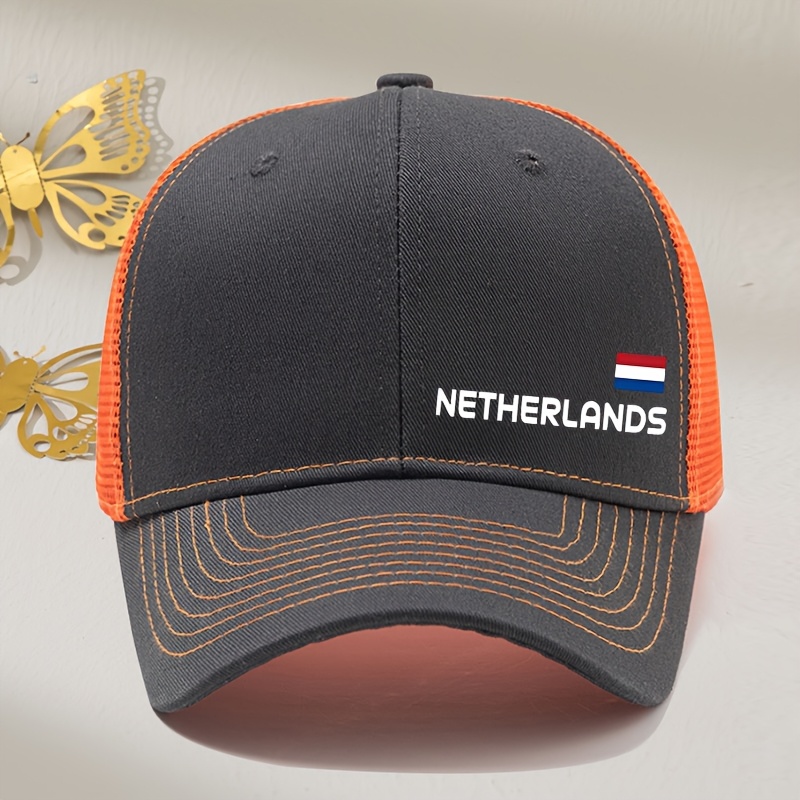TEMU Netherlands White Letter Flag Printed Side Mesh Baseball Cap Outdoor Mesh Hat Summer Outdoor Sports Printed Curved Brim Trucker Cap