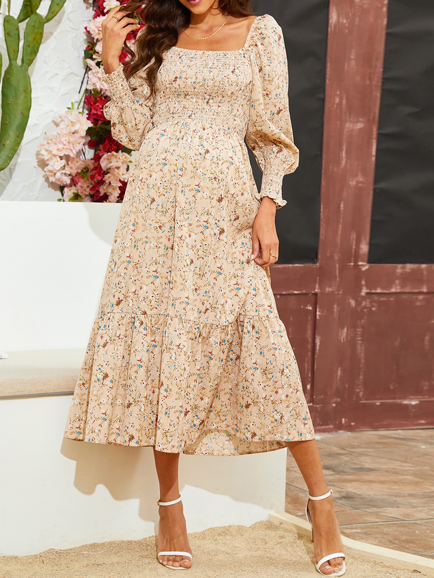 women's shoulder lantern sleeve floral print wrap dress Temu