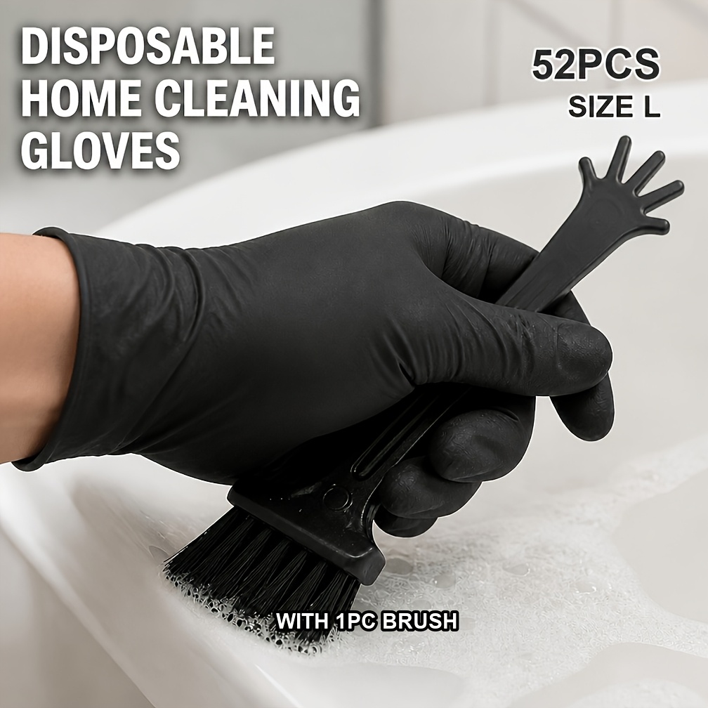 TEMU Wonder Beige 52pcs Black Nitrile Household Cleaning Gloves With 1pc Mini Brush, 9 Inch Stretchable Flexible Multipurpose Elastic Cleaning Gloves