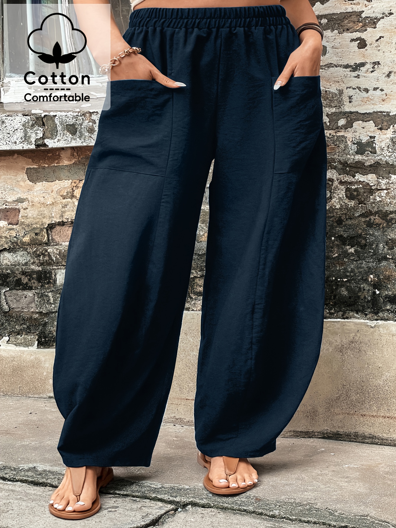 plus size 73782   special solid color   100 elastic waist plus size womens straight leg pants 1