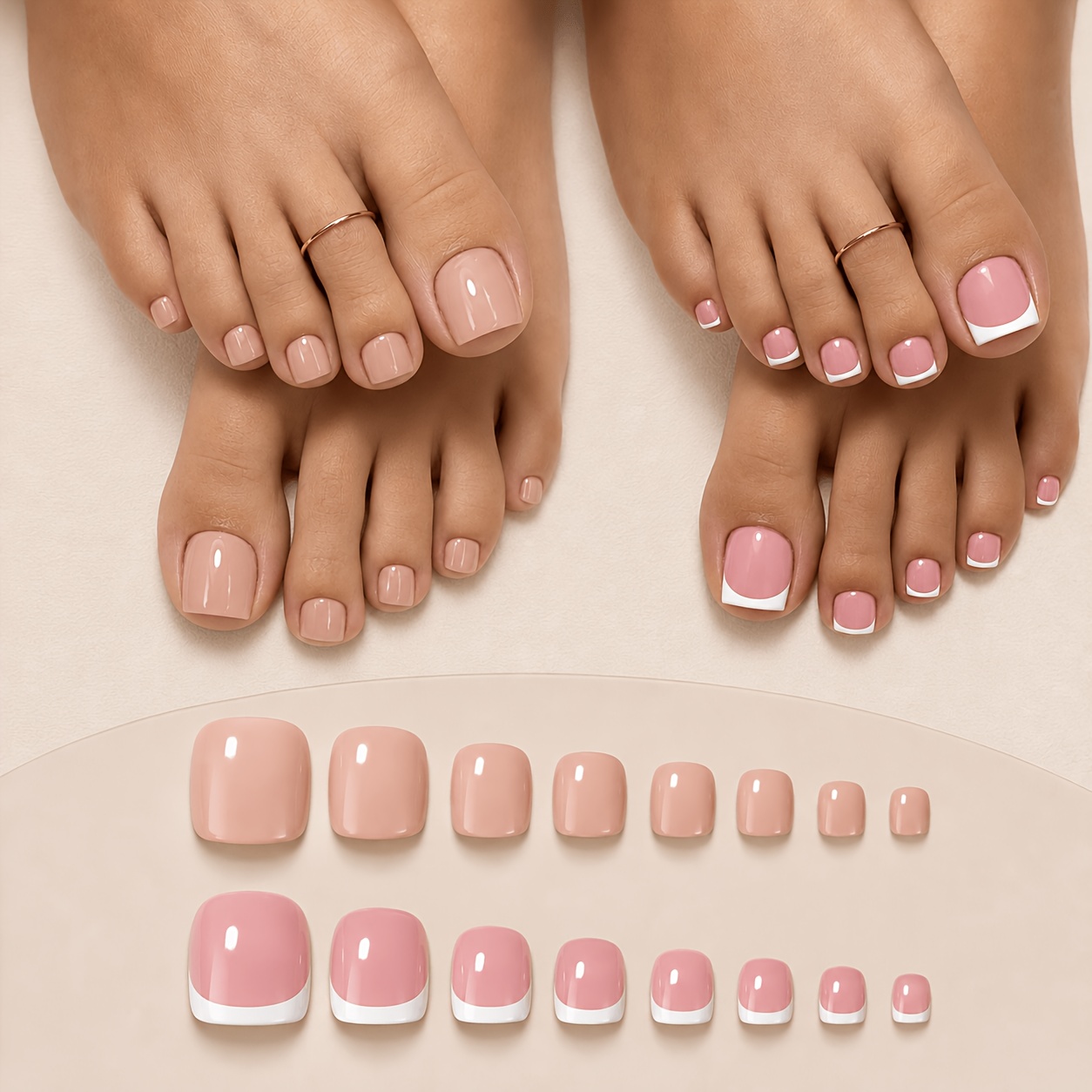 TEMU 96 pièces de faux ongles d'orteils, style français rose avec bord blanc 48 pièces + 48 pièces, ongles artificiels brillants naturels haut de