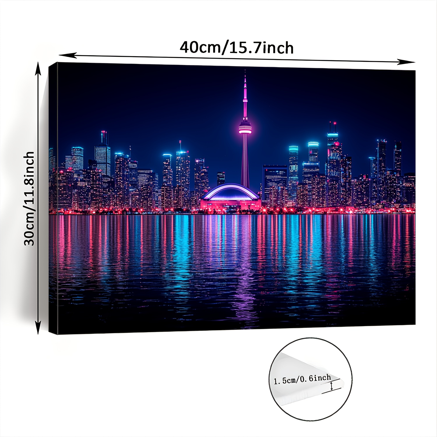 TEMU sur toile encadré 2D plat, 1 pièce, représentant une vue colorée de Toronto rose et bleue, mettant en valeur CN, mesurant 15.7X11.8 pouces