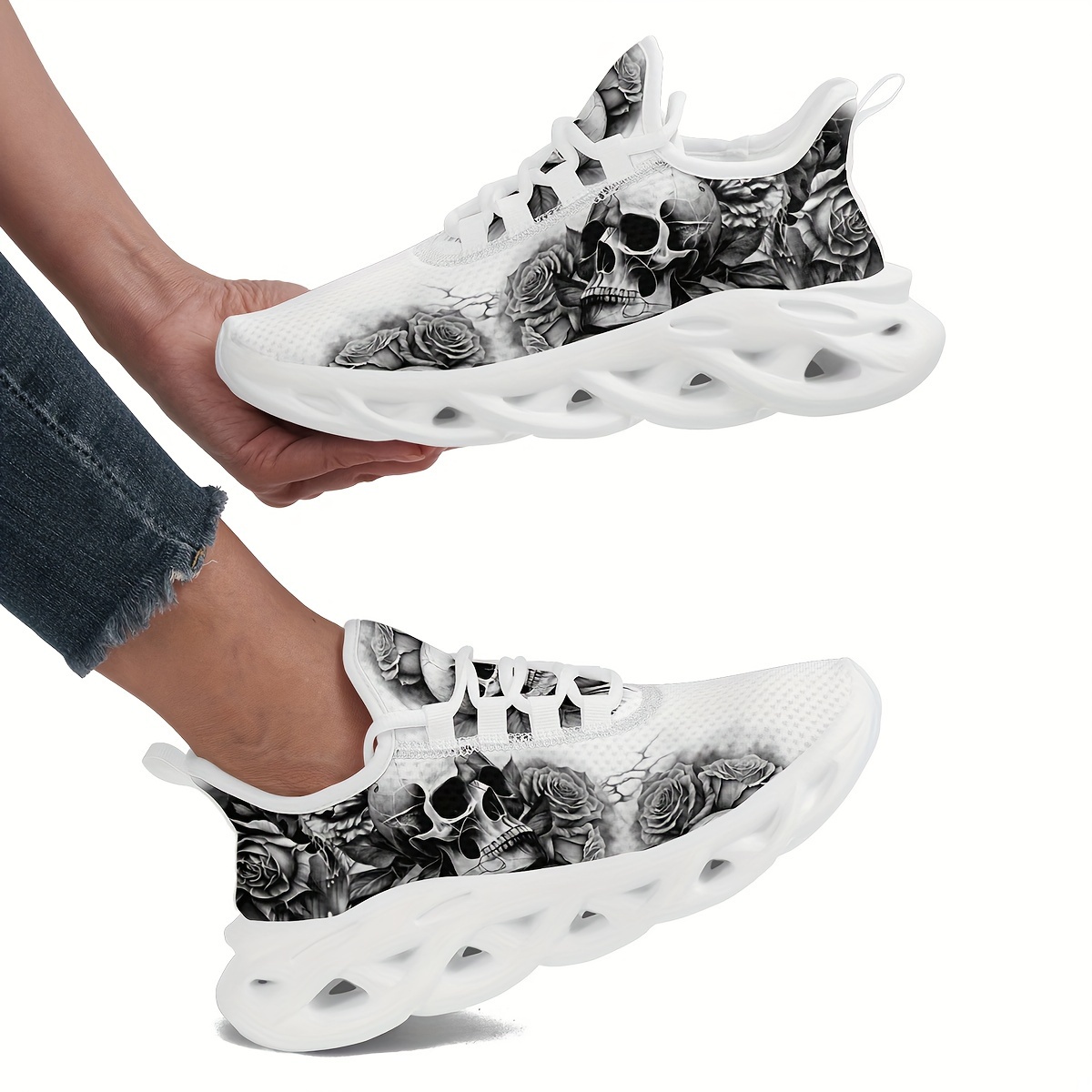 

Women's Platform Sneakers For Halloween, Skull & Rose Design Low Top Sports Shoes, Casual Comfy Walking Trainers