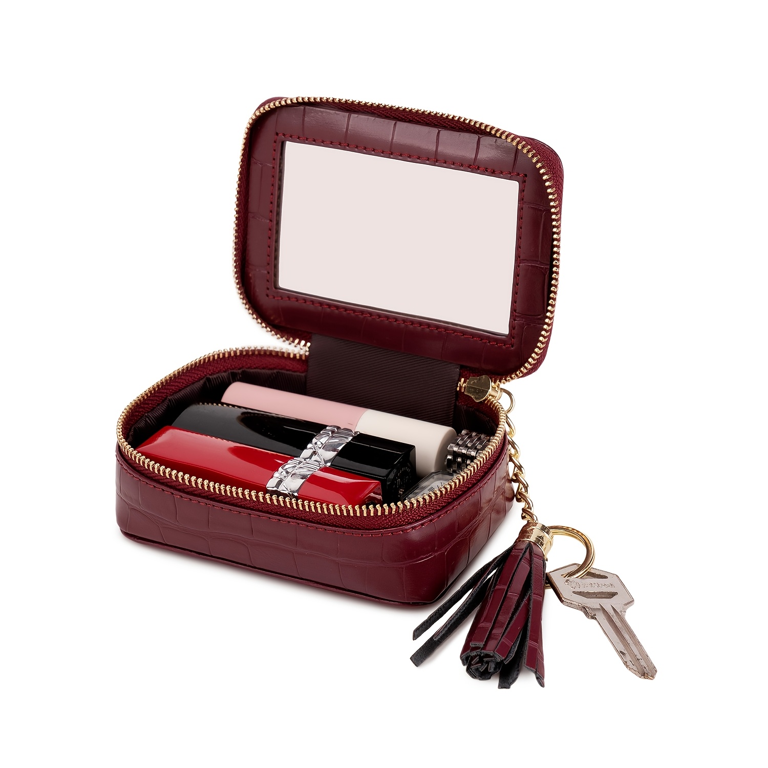 TEMU 1pc Crocodile-pattern Mini Makeup Jewelry Box/women's Wallet With Built-in Mirror And Keychain, Zipper Closure, Used As A Lipstick Pouch Or Coin