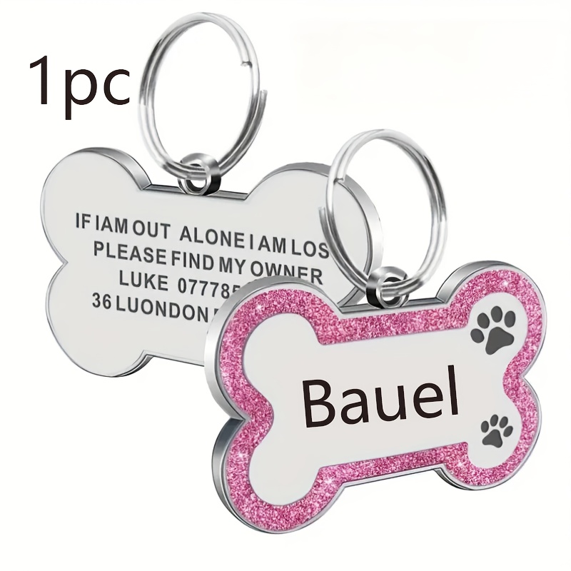 1pc Personalized Glitter Dog Tag - Custom Engraved Bone ID Tag with Name and Text, Pink Sparkle Surface, Paw Print Design, Perfect for Dog Collars & Leashes