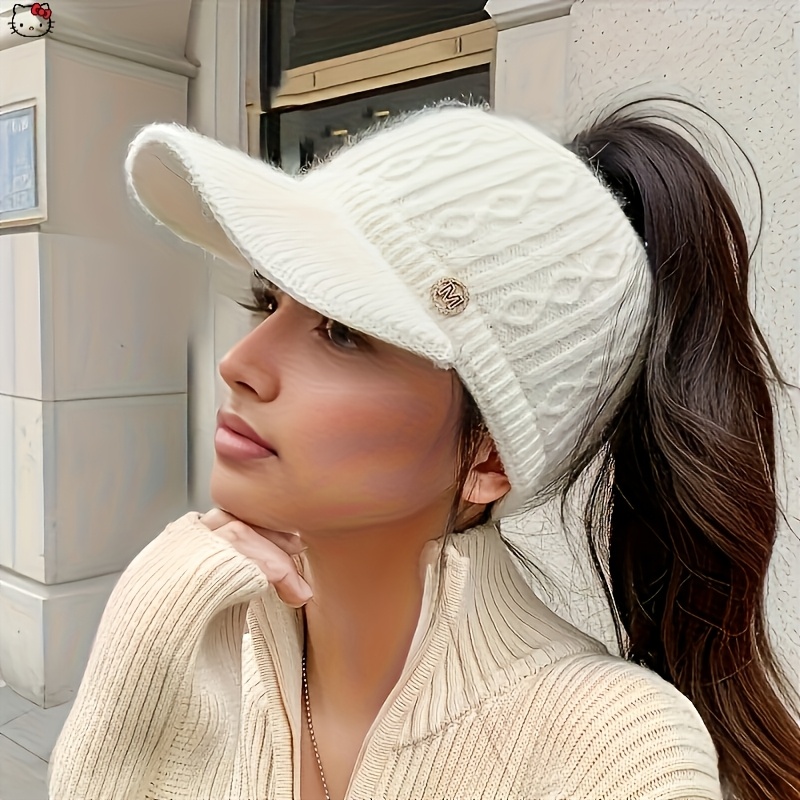 Image of M Letter Baseball Cap Winter Women's, Open Top Ponytail Beanie With Ear Flaps, Thick Plush Lining Elastic Hat, No Feathers, Hand Washable Polyester Cap, 5 Colors