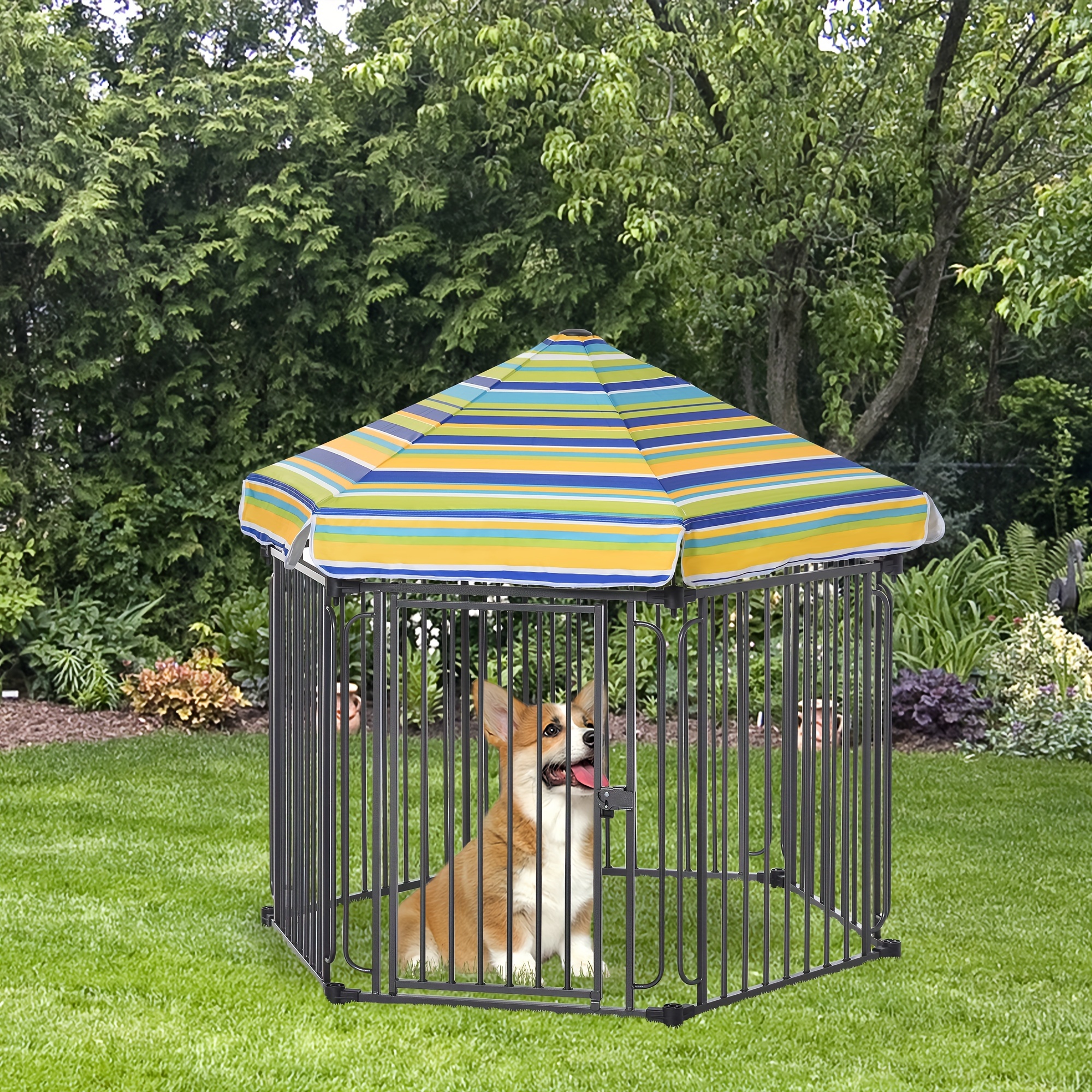 

Pawhut 48" X 41" Heavy-duty Metal Dog Playpen, Outdoor Pet Cage Kennel, Puppy Exercise Fence Barrier With Weather-resistant Polyester Roof, Locking Door, & Metal Frame