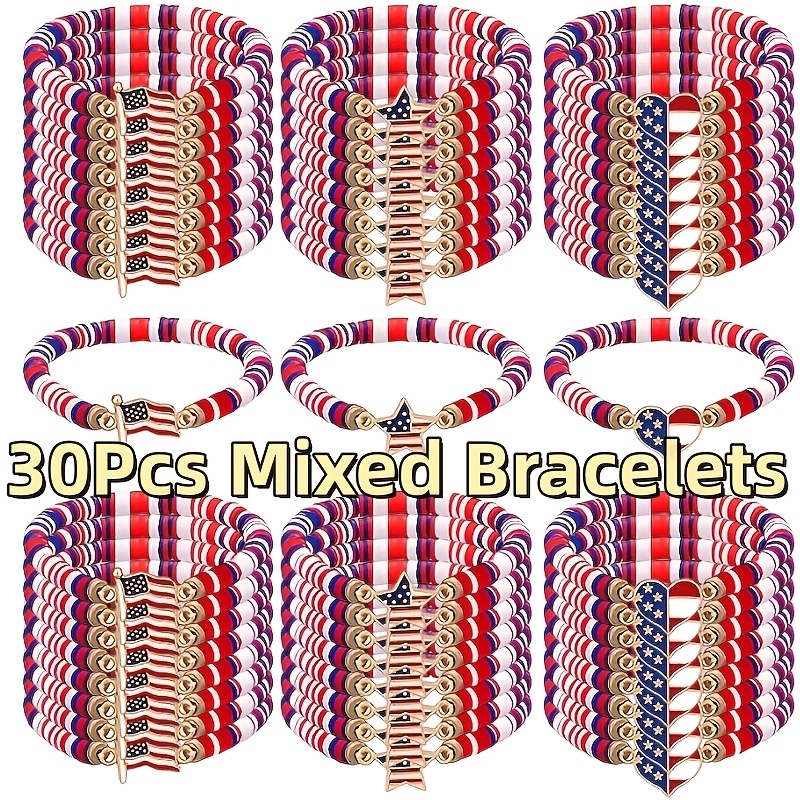 TEMU Celebrating 250 Years, Patriotic Stretch Bracelets For Women Feature Retro With Red, White, And Blue Polymer Clay Beads. Make Party Favors For