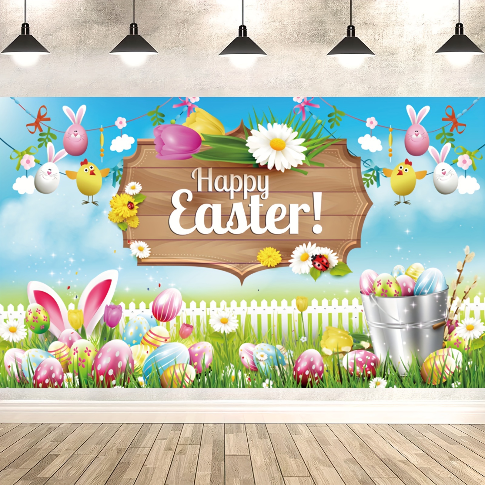 1pc 5 3ft easter rainbow backdrop bunny egg flag rabbit photography backdrop easter photo decorations photo background easter grass party decor hanging home decor wall decor atmosphere decor holiday decor
