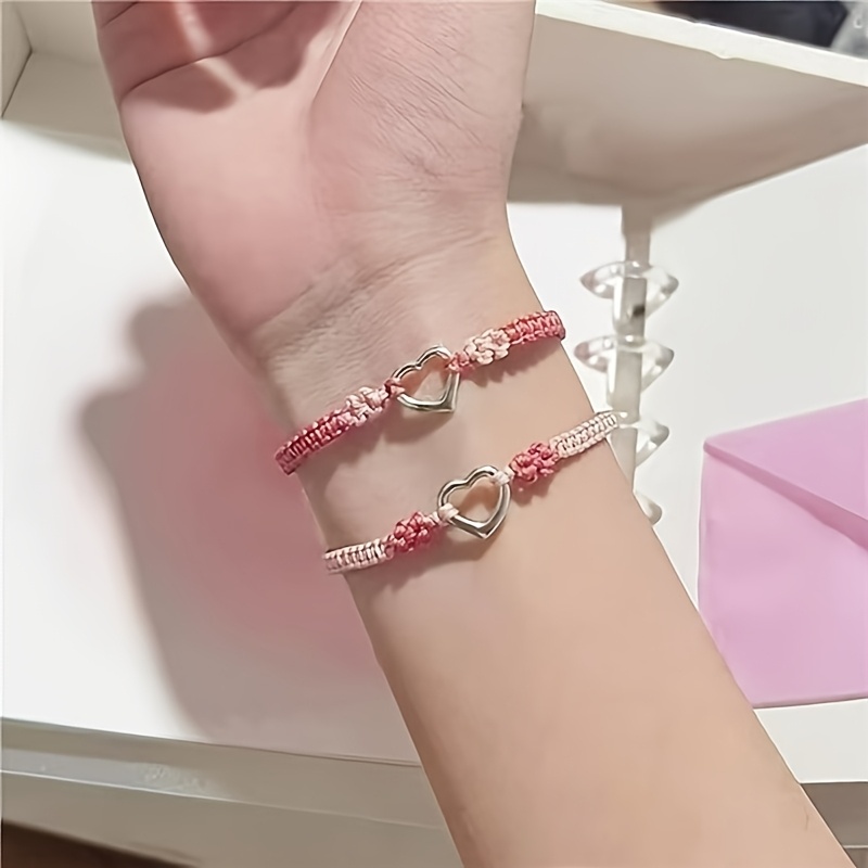 

2pcs Elegant Heart Charm Couple Bracelets, Cute Braided Synthetic Fiber Rope, Valentine's Day, , And Gift-, Suitable For Couples, Mother-daughter