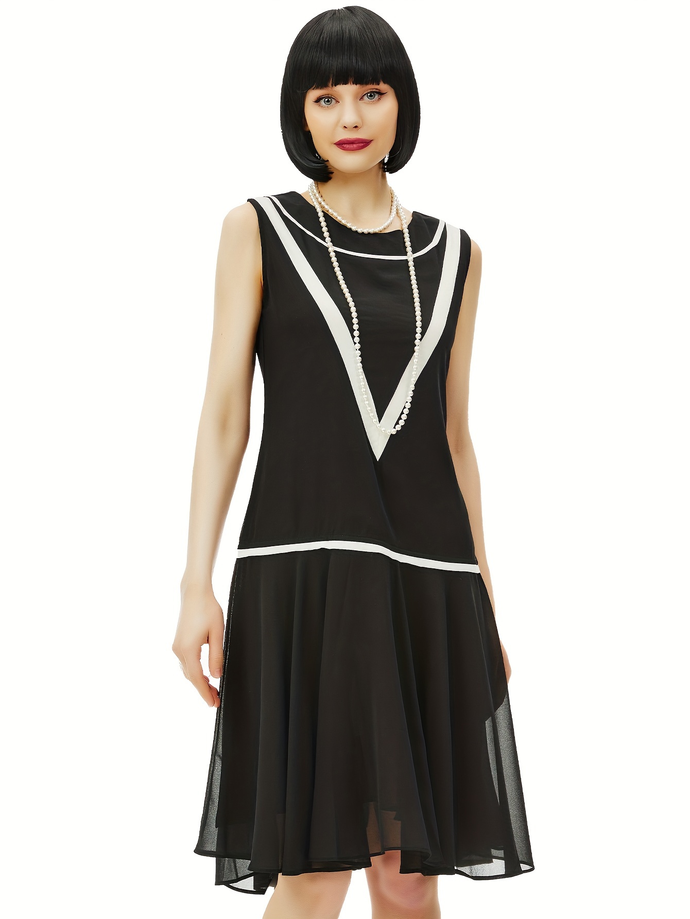 Vintage Flapper Dress for Women 1920s Inspired Low-Waist Sleeveless  Chiffon Party Dress with Zipper Detail, Crew Neck Solid Color