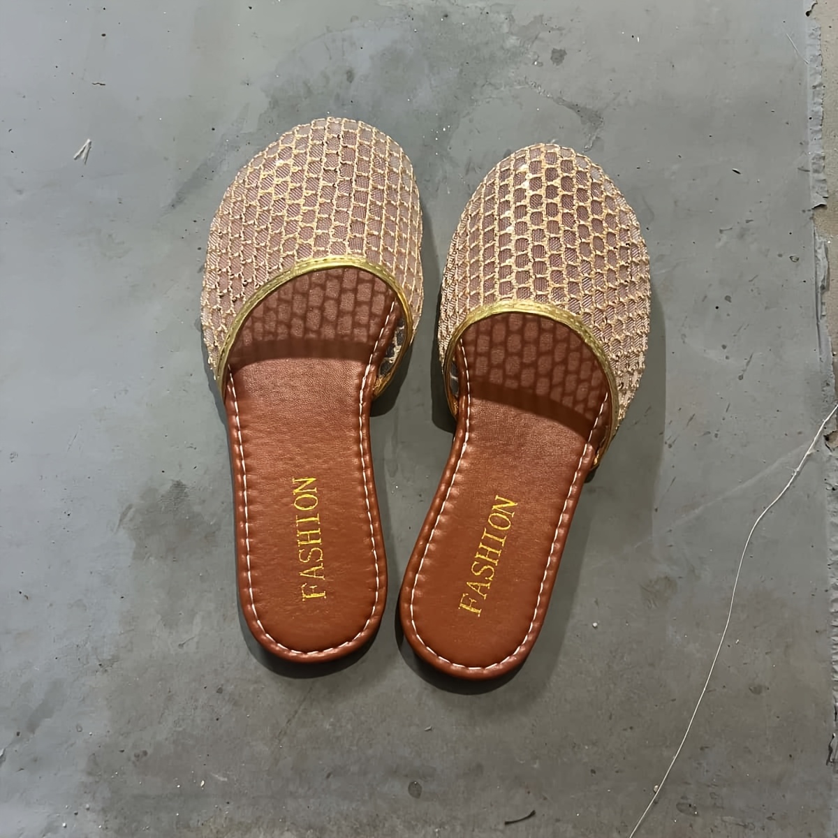 TEMU Summer Women's Mesh Half-slippers, Light Luxury Golden-trimmed Breathable Flat Sandals, Versatile Soft-soled Slippers For Indoor And Outdoor