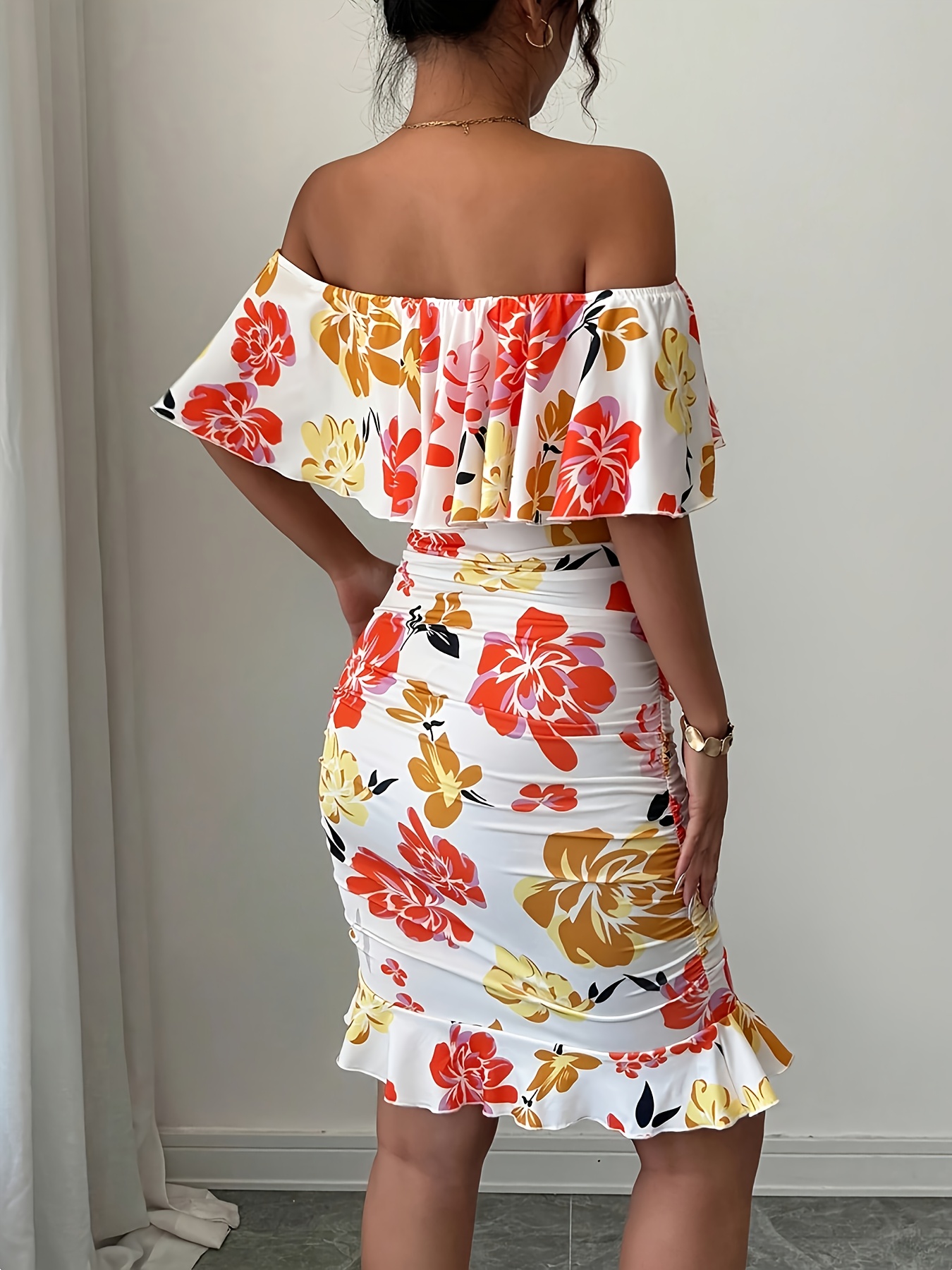 Breezaya Tropical Print Off Shoulder Ruffle Trim Ruched Bodycon Dress Vacation Beach Outfits Women
