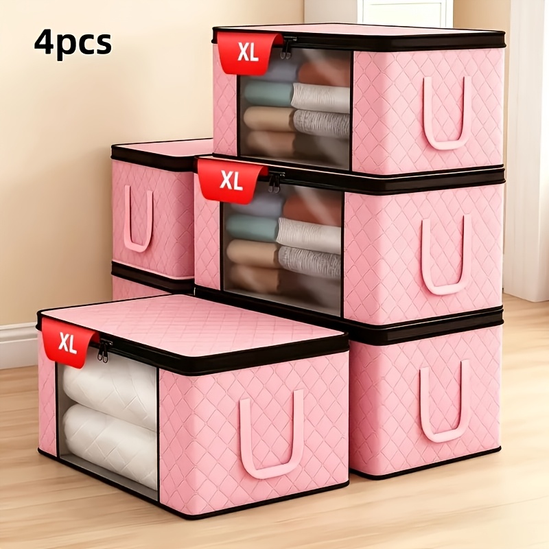 TEMU 4pcs Extra Large Foldable Storage Boxes, Durable Folding Organizer Bags With Viewing Window, Zippered Lid, And Reinforced Handles, Suitable For