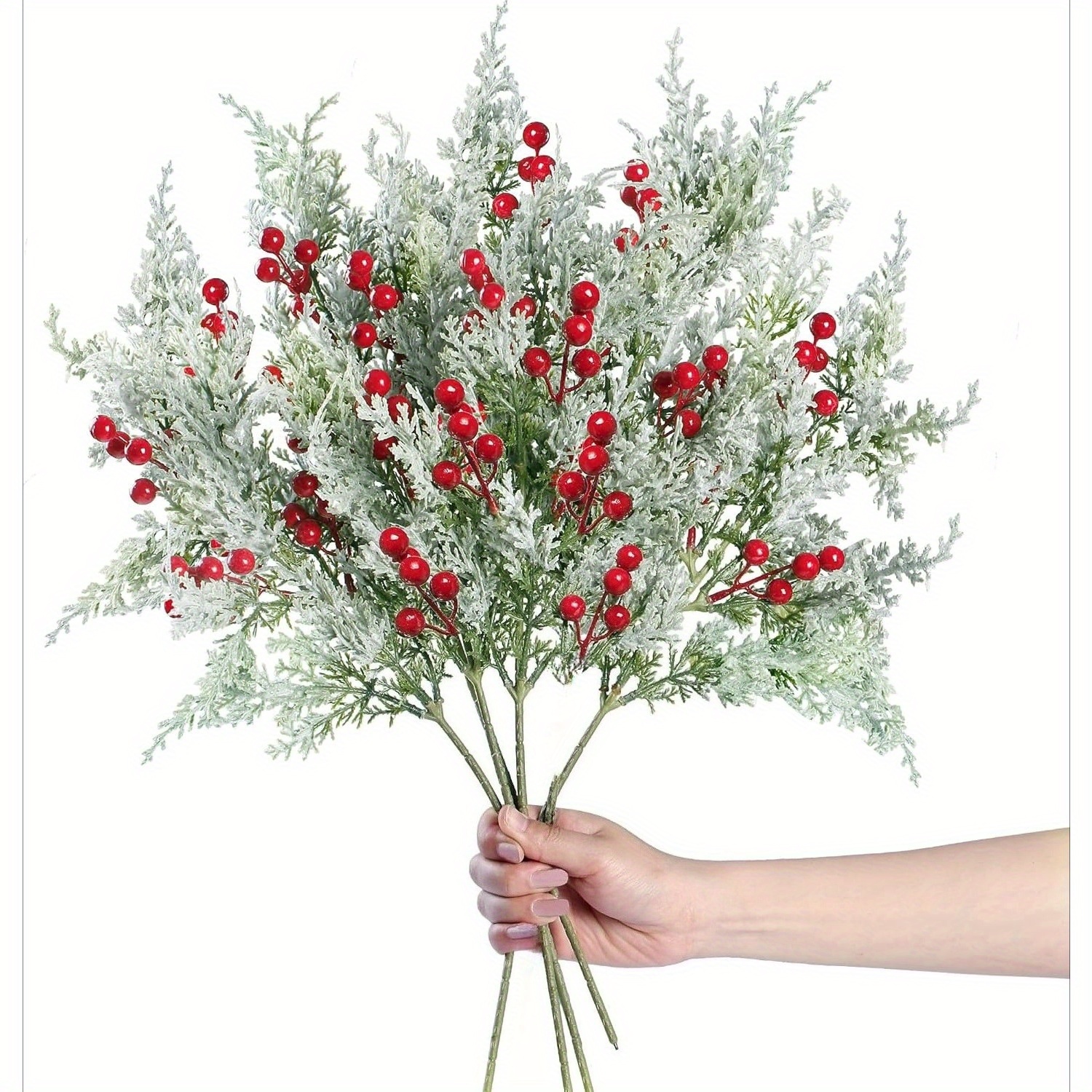 4-pack Cedar Artificial Pine Branches, Frosted Artificial Cedar Sprays With Red Berries, 19" Green Leaf Cedar Picks, Christmas Cedar Stems For Diy Wreaths, Christmas Decor, Garden, And Home Decoration