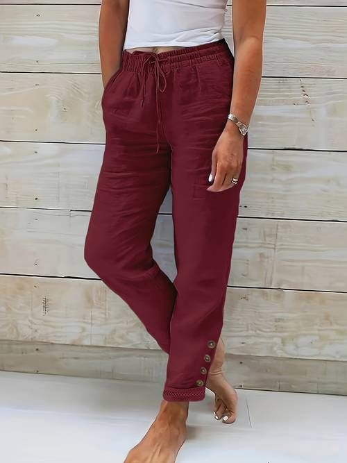 womens casual straight leg pants with decorative buttons drawstring waist solid color non stretch fabric machine washable trousers for casual attire