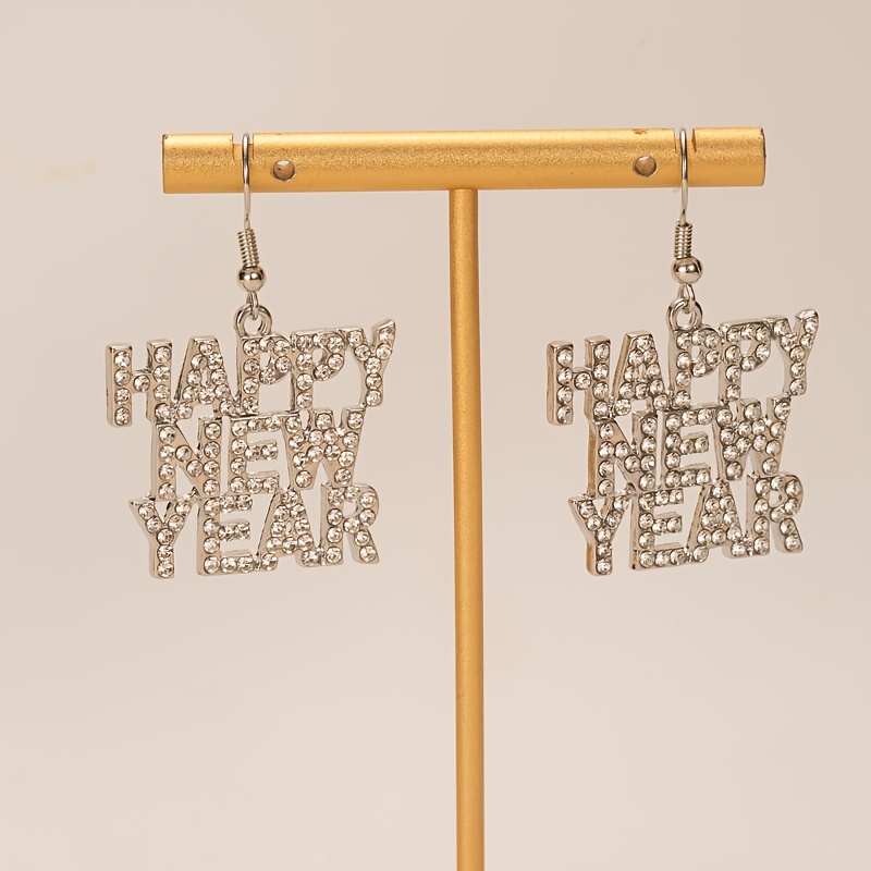 TEMU A Pair Of Elegant And Stylish "happy New Year" Earrings, With Sparkling Rhinestones, Perfect For Women To Wear At Parties And Year, A Creative Jewelry Gift