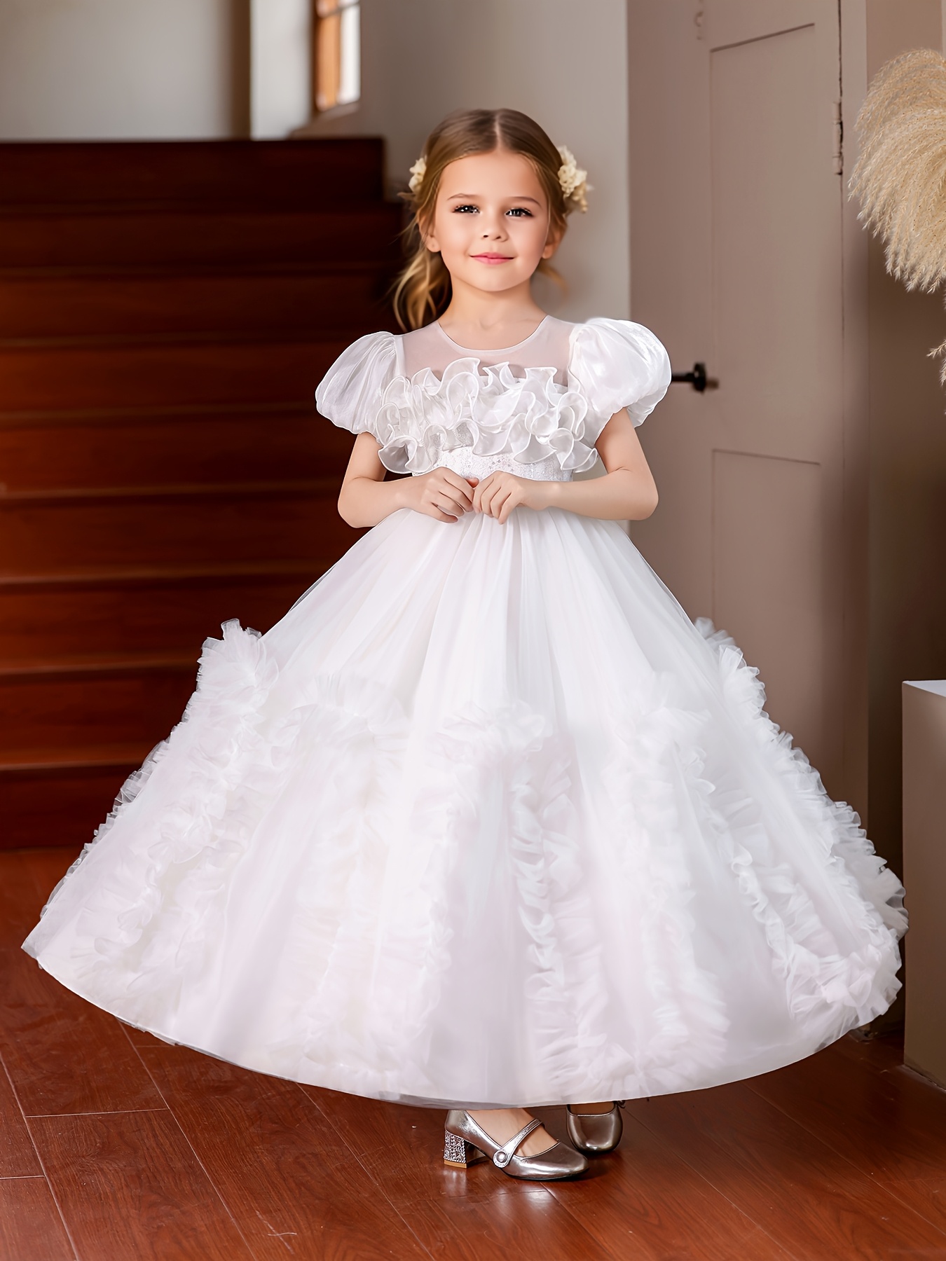 strapless open back dress Girls Round Neck Princess Dress A Line Puff Sleeves Party Dresses with Bow White / 120 cm