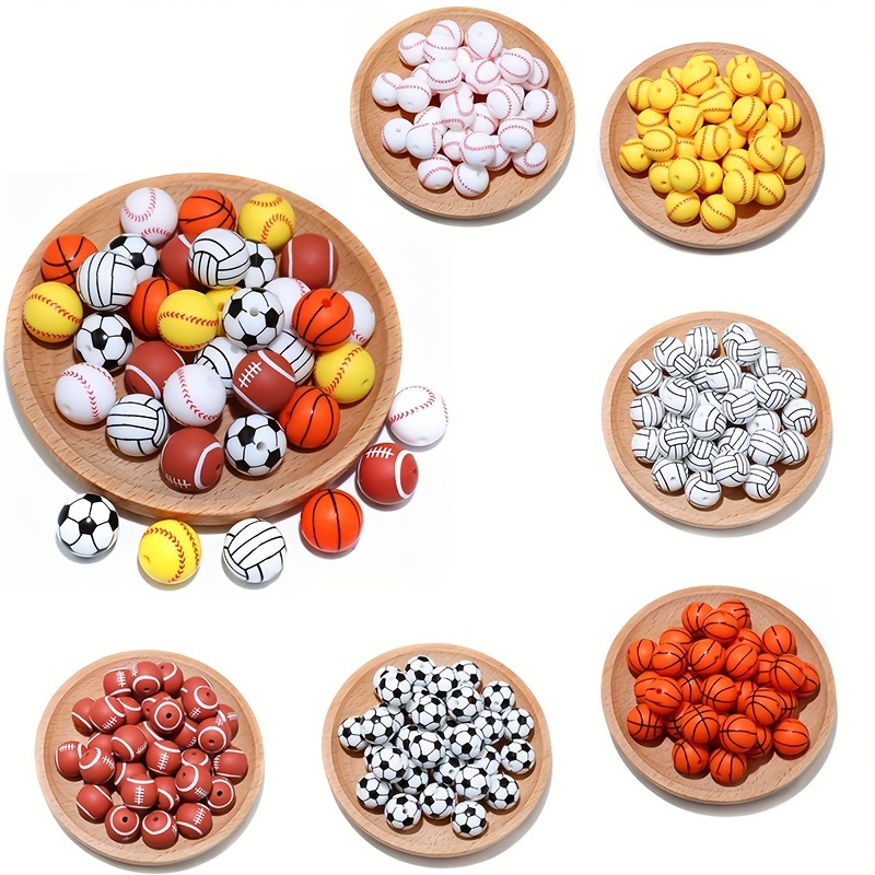 

10/12pcs Sports-themed Silicone Beads, 15mm - Basketball, Soccer, Football, Rugby, Volleyball, For Diy Jewelry, Keychains, Pens & More Crafts
