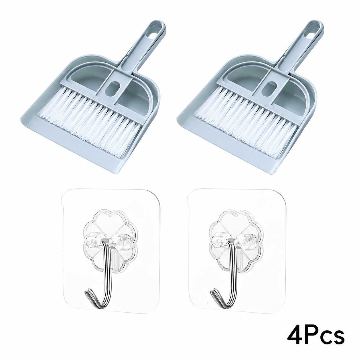 TEMU 4pcs Mini Broom And Dustpan Set, Includes 2 Sets Of Broom And Dustpan And 2 Transparent No-drill Hooks. Available In . Suitable For Cleaning