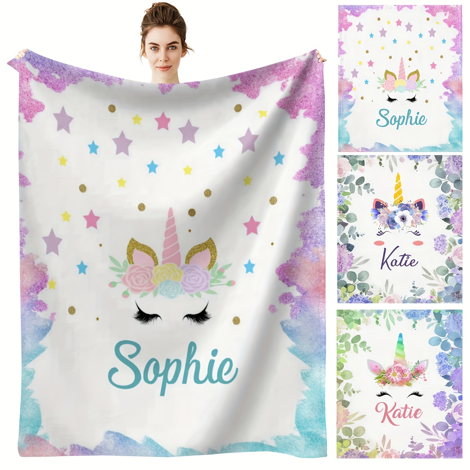 

Personalized Unicorn Blanket Custom Name Gift, Soft Flannel Fleece Throw, Vintage Style With Floral & Star Patterns, Cozy Knitted Couch Blanket, , 100% Polyester, 200-250gsm