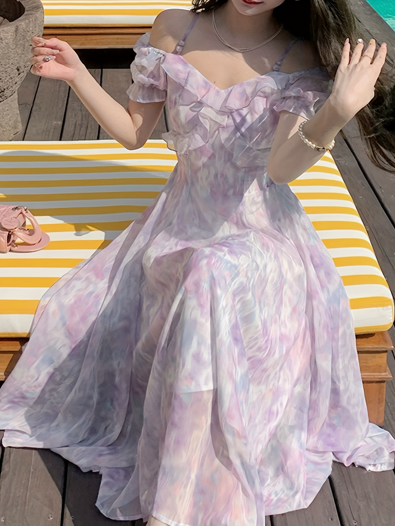 Shimmering * * Sweet and Ethereal -Purple Dress for Women, Summer Seaside  Vacation Shiny Flared Maxi Dress
