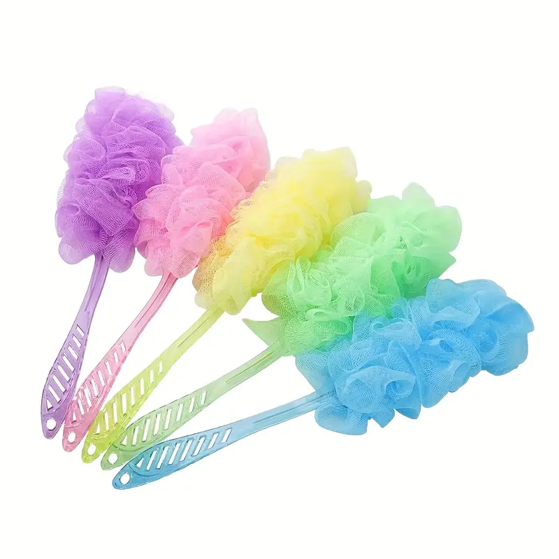 1pc long handle bath massager with head pastel colors green back scratcher for men women manual tool for use no batteries electricity durable bath accessory fluffy texture gentle exfoliation routine Product details 1