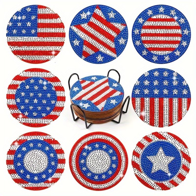 

8-piece Patriotic American Flag Diamond Painting Coaster Set With Holder - Diy Round Wooden Coasters For Adults Diamond Art Coasters Diamond Painting Coasters