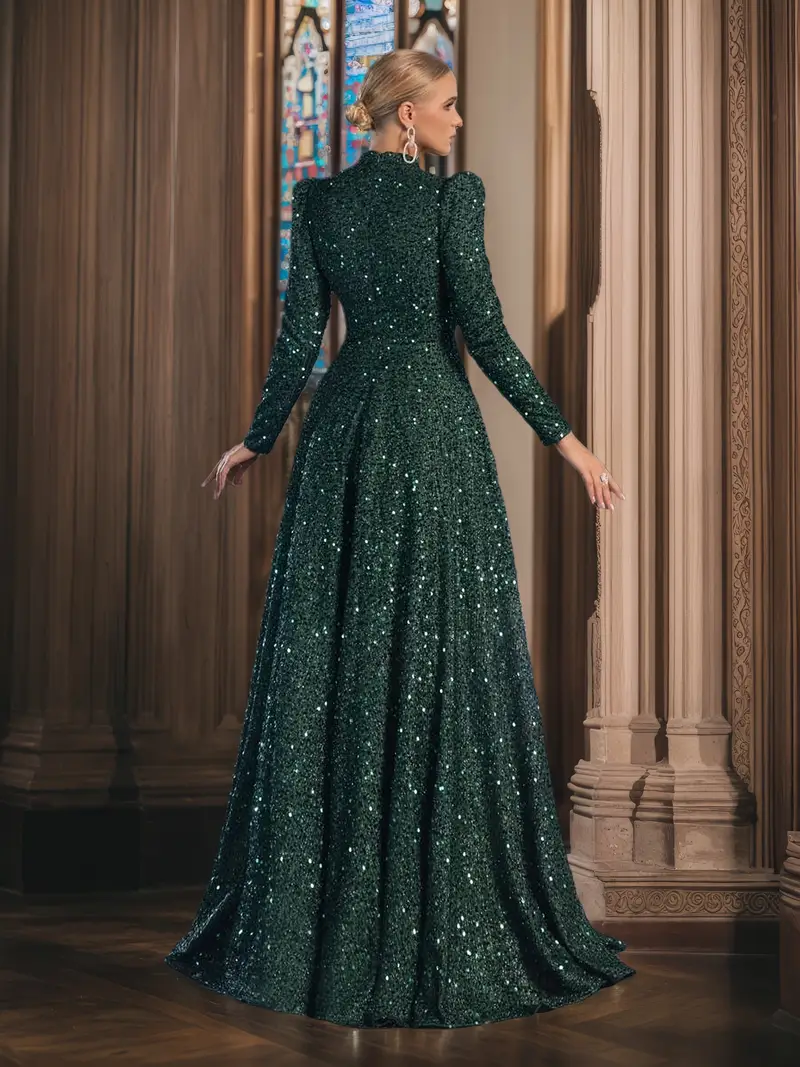 * Women's Elegant Long Sleeve High Neck A-Line Dress with Asymmetrical Hem & Chest Puff Detail - Floor-Length Solid Color Party Dress for Formal Events * Women's Elegant Long Sleeve High Neck A-Line Dress with Asymmetrical Hem & Chest Puff Detail - Floor-Length Solid Color Party Dress for Formal Events