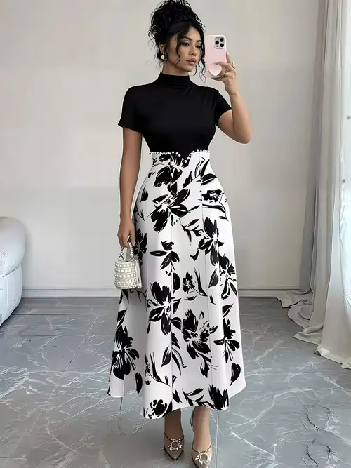 temu maxi dresses sale Women's Elegant Peony Floral Print Long Sleeve Dress