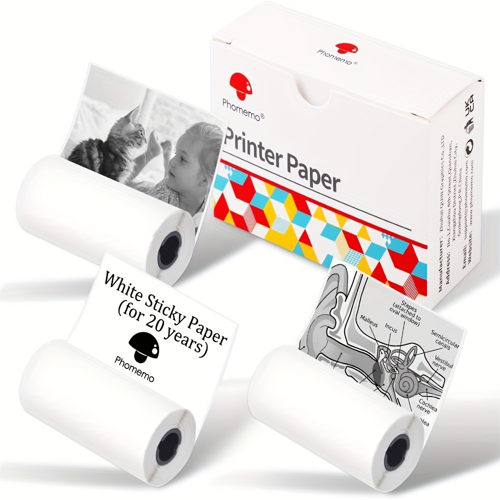 Phomemo Paper - White Adhesive Printing Paper, M02/m02pro/m02s/m03/m03as/m04s/m04as Mini Adhesive Printing Paper, Mini Thermal Printing Paper, 3 Rolls