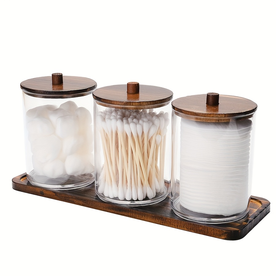 Image of Clear Bathroom Accessories Containers Dispenser For Storage Box 3pcs 10oz Swab/ball/pad Holder With Vanity Tray, Qtip Apothecary Jar