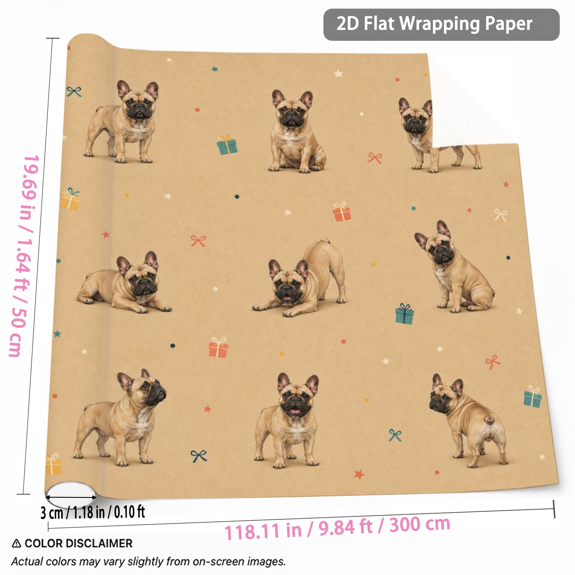 TEMU 1 Rouleau de Papier Cadeau 1.64Ft X 9.84Ft Papier d'Emballage Cadeau Motif Bulldog Français Papier Pas Matériau pour Noël An Fête d'Anniversaire