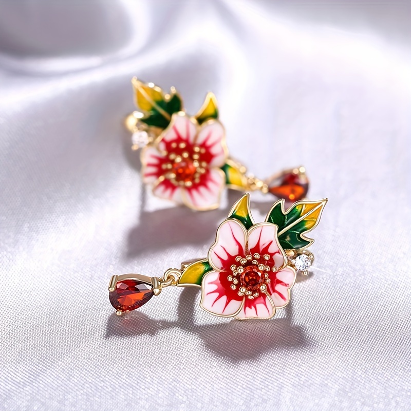 Image of Exquisite Flower Inlay Synthetic Ruby Pendant Earrings For Women's Vacation Party And Daily Casual Accessories