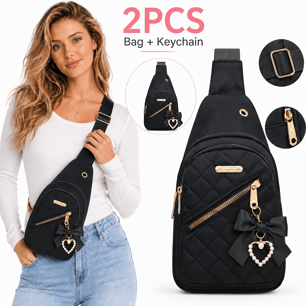 TEMU 2pcs Women Crossbody Sling Bag Set With Bow Keychain, Quilted Shoulder Chest Purse With Front Zip Pocket, Adjustable Strap And Compact Storage