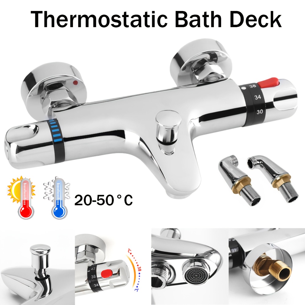 thermostatic bath shower mixer tap deck mounted bath mixer taps bar with bath filler spout thermostatic shower valve bath taps faucet modern chrome solid brass safety anti   home and kitchen accessories details 0