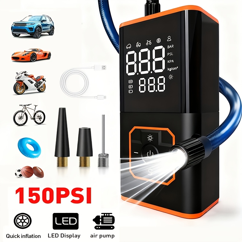 Tire Inflator Portable Air Compressor Mini Bike Pump With Digital Dual Value Display, 150 Psi Car Tire Air Pump With Led Light And Pressure Gauge For Cars, Motorcycles, Bicycles, Balls