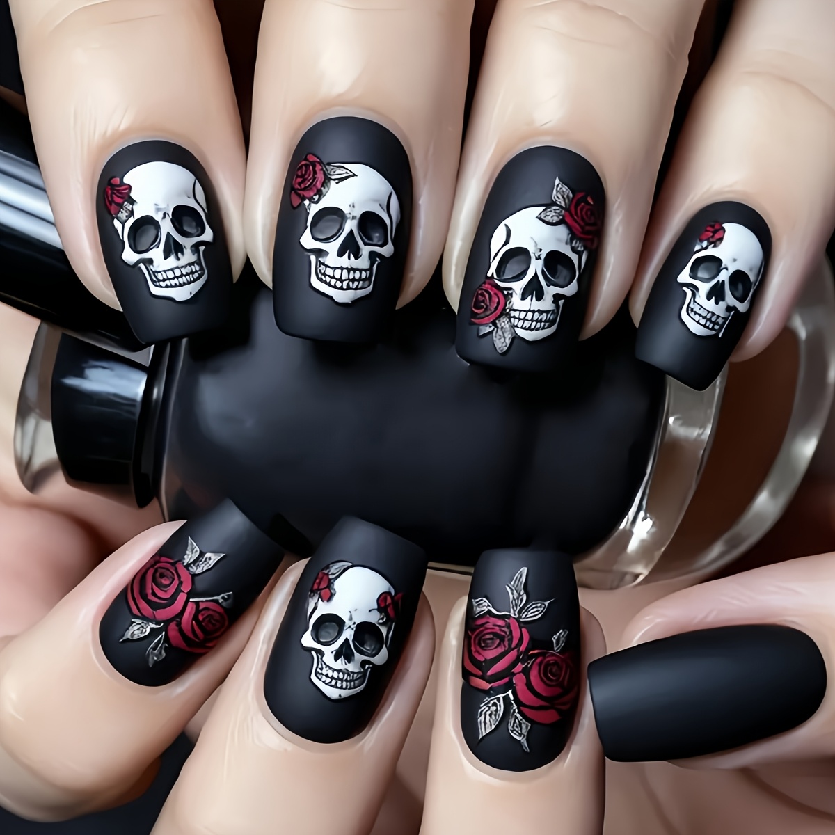 Halloween Nail Stickers, Medium-length European Square Pattern Press-on Nails, Removable 24pcs Set, , Halloween Fake Nails, Gothic Nails