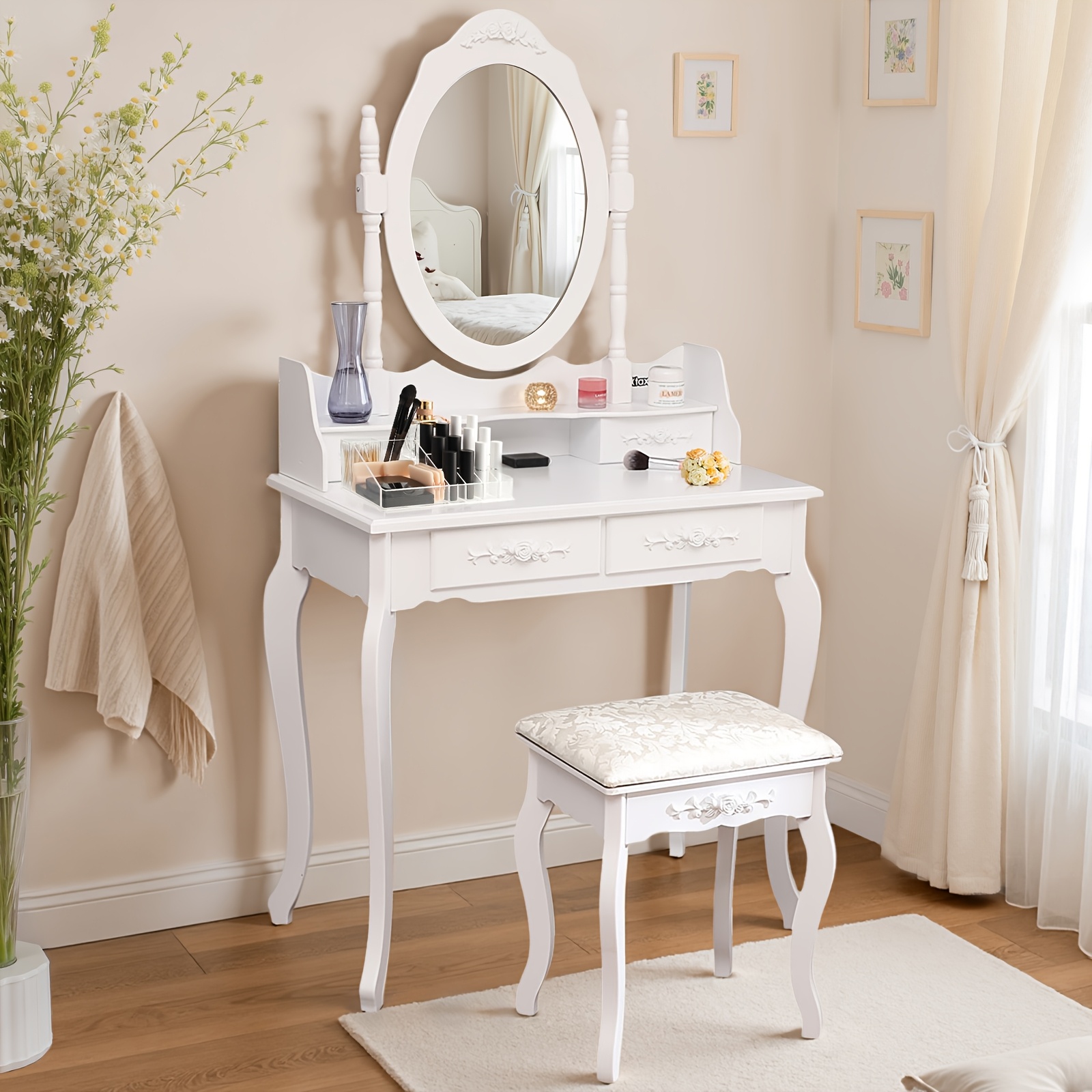Image of White Density Board Spray Paint Four-drawer Single Mirror 75.00 X 41.00 X 71.00 Cm Dressing Table Set European Style Suitable For Bedroom Living And Other Sturdy And Durable High Cost Performance