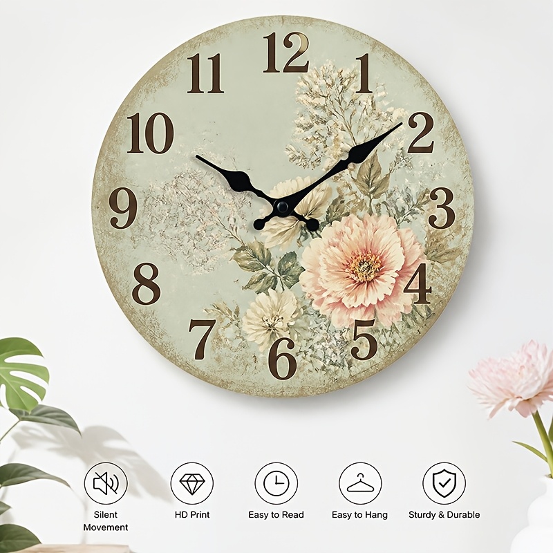 TEMU Vintage Floral Large Number Wall Clock, Living Room Frameless Design, Distressed Household Clock, Aa Battery Powered, Modern Living Room And