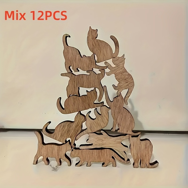 Mixed 12pcs Wooden Desktop 3d Statue Set With Cat Stacking, Diy Handicrafts, Home And Garden Decoration