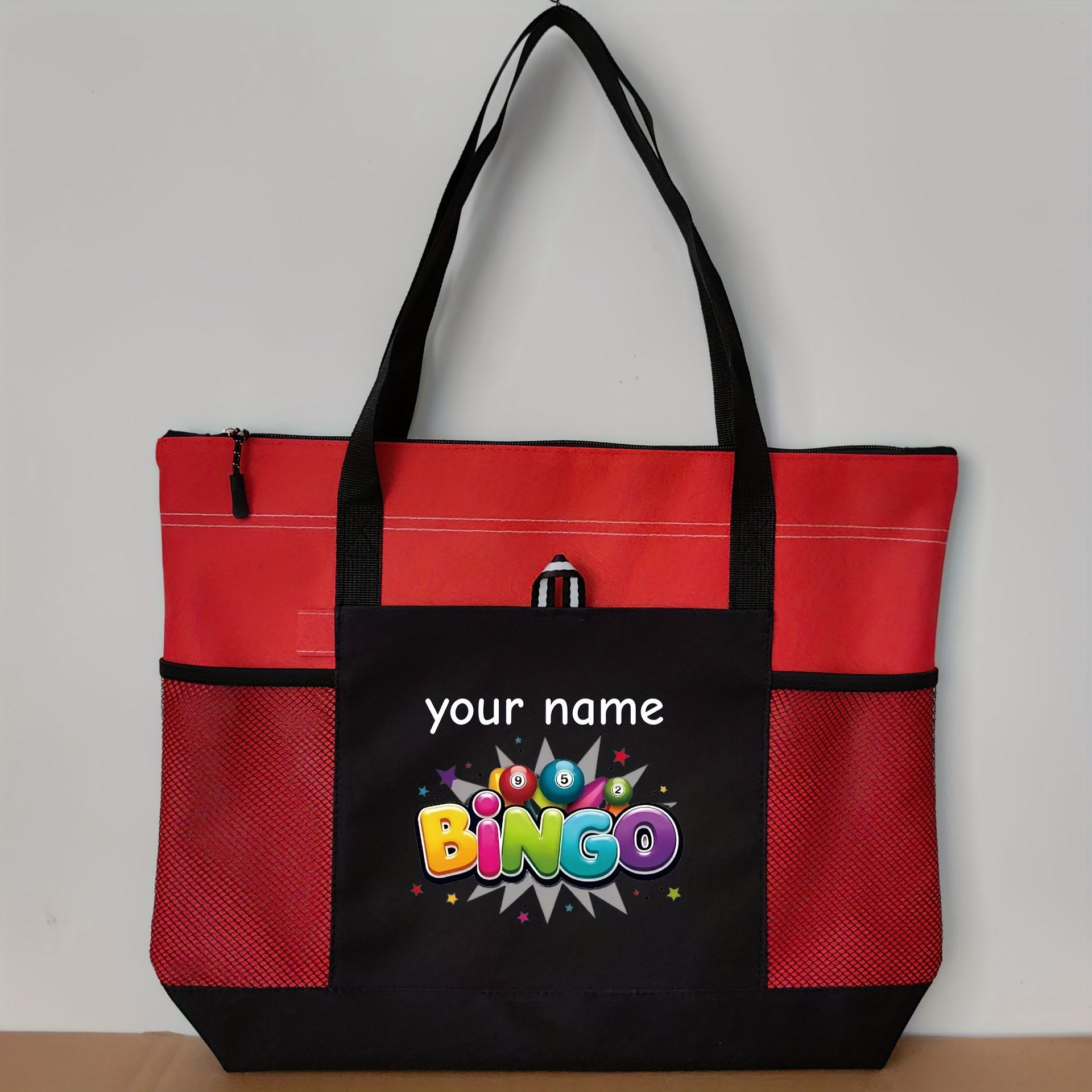 TEMU Sac fourre-tout personnalisé avec motif "BINGO" imprimé sur mesure, sac à bandoulière et sac de rangement, doté d'une poignée supérieure pour un