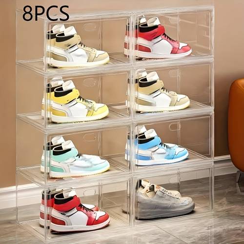 2pcs 3pcs 8pcs shoe box high storage box stackable space saving plastic shoe box with shoe storage box used for displaying sneakers bags figures toys etc easy to assemble waterproof magnetic closure