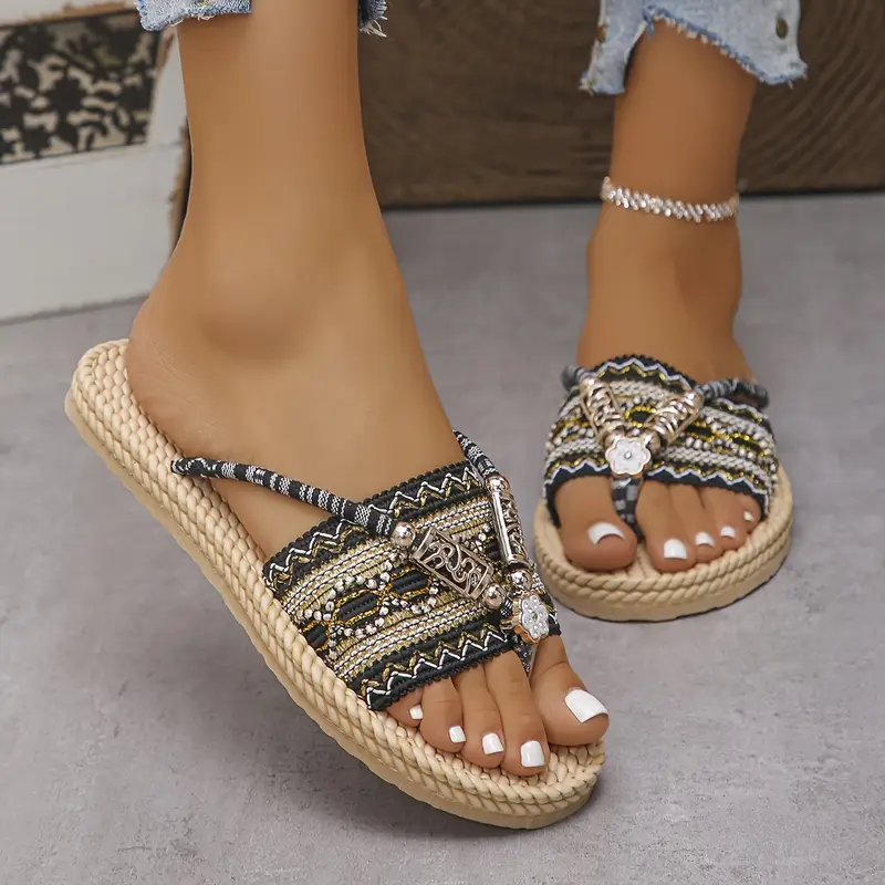 womens elegant and fashionable ethnic style flat sandals with colorful patterns slip on open toe fabric upper and inner eva sole eva insole Product details 9