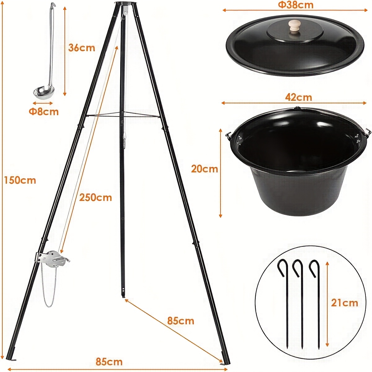 15l Hanging Oven With Tripod And Spoon, Original Kettle, With Height-adjustable Chain And Ground Spikes, Kettle Pot Set, Enamel Pot, Outdoor Camping Chain Oven For 10-15 People